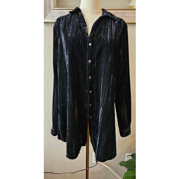 Foxcroft Long Sleeve Button Front Velvet‎ Tunic Top Women Size 16 Black Relaxed - Picture 1 of 6